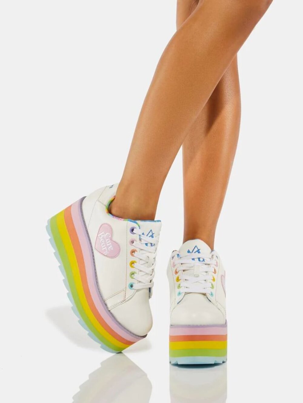 YRU  / Dolls Kill Care Bears Rainbow Heart Platform Sneakers, Size 6 - Picture 2 of 10